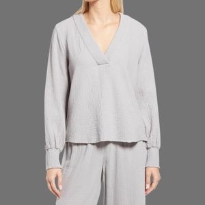 Sunday's Textured Smocked Cuffs Long Sleeve Split Top